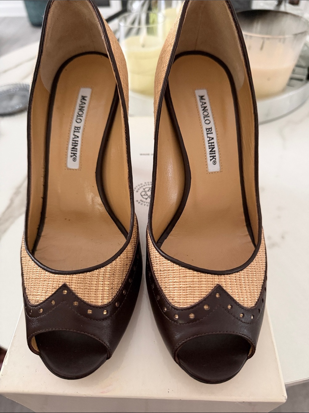 NWT Manolo Blahnik Brown and Tan Peep-Toe  Spectator pumps with Stud Accents